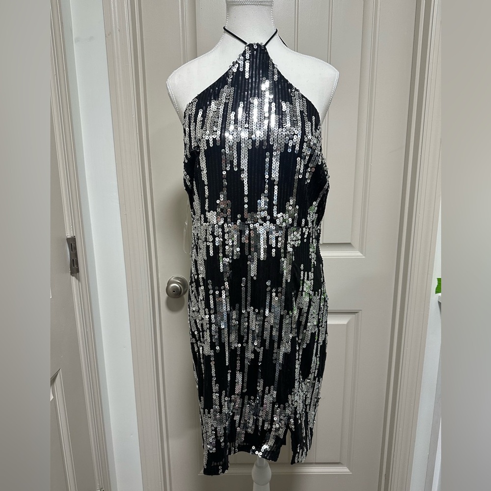 Fashion Nova Black & Silver Sequin Halter Backless Mini Dress